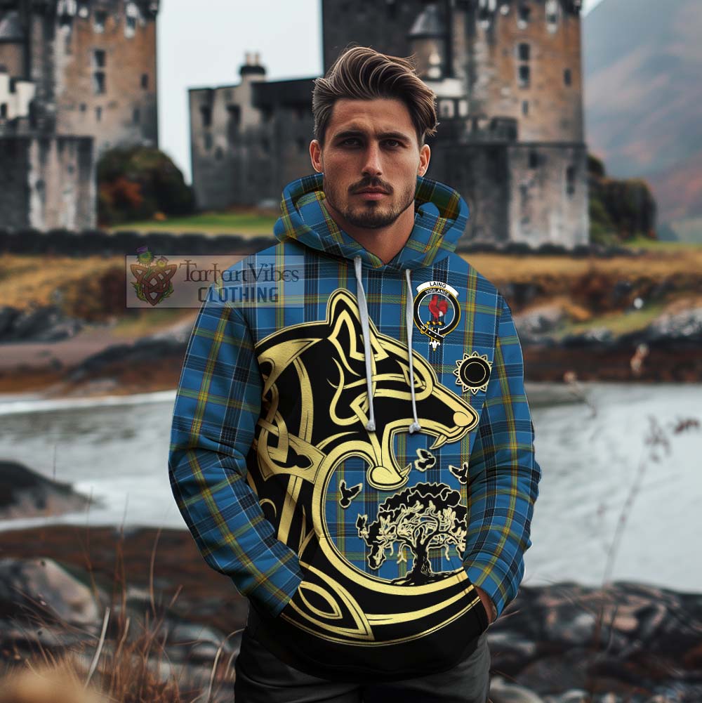 Tartan Vibes Clothing Laing Tartan Cotton Hoodie with Family Crest Celtic Wolf Style