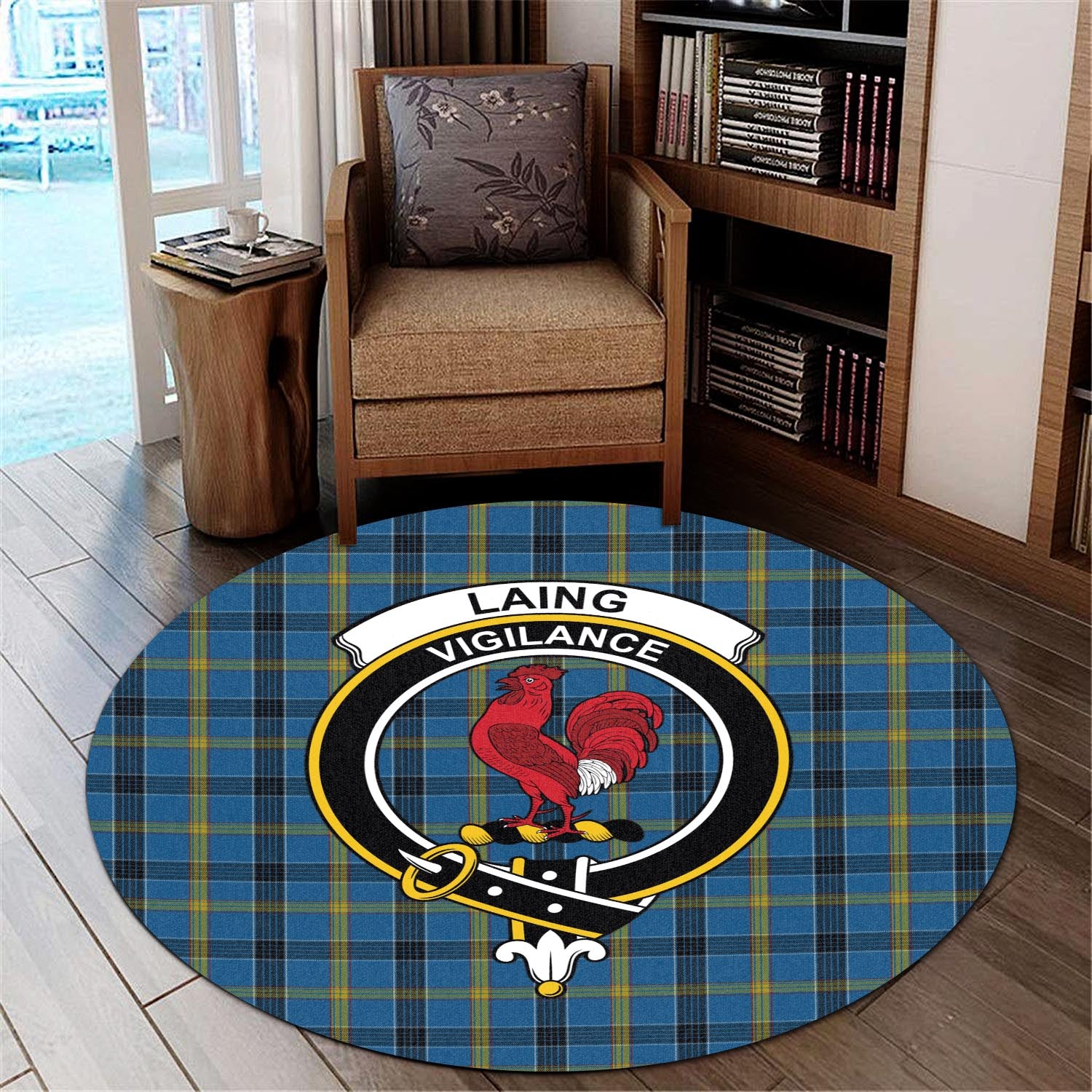 laing-tartan-round-rug-with-family-crest