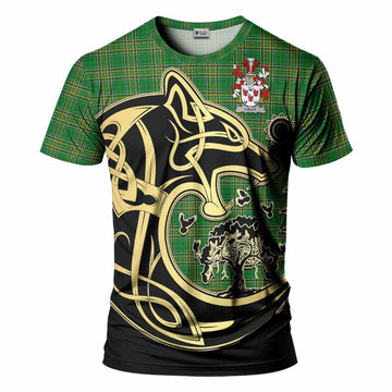 Lally Irish Tartan T-Shirt with Coat of Arms Celtic Wolf Style