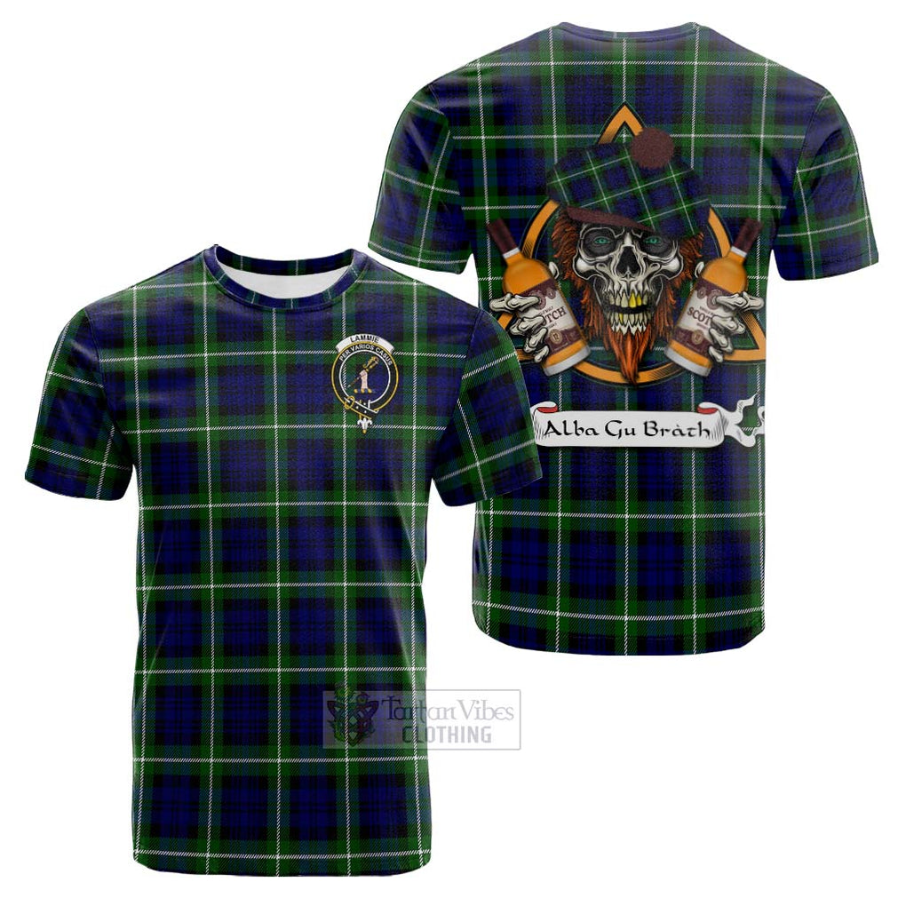 Tartan Vibes Clothing Lammie Tartan Cotton T-shirt with Family Crest and Bearded Skull Holding Bottles of Whiskey