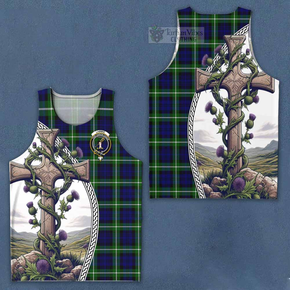 Tartan Vibes Clothing Lammie Tartan Men's Tank Top with Family Crest and St. Andrew's Cross Accented by Thistle Vines