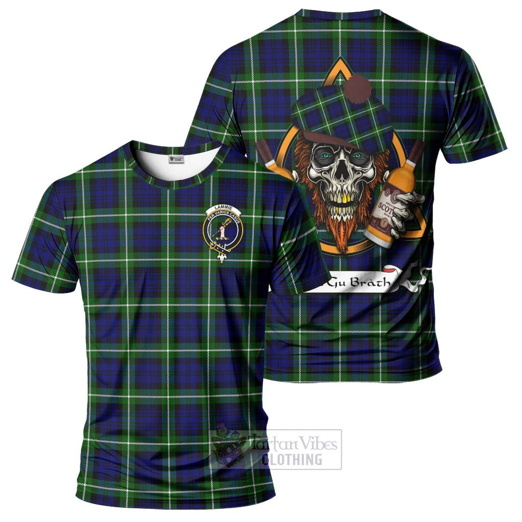 Tartan Vibes Clothing Lammie Tartan T-Shirt with Family Crest and Bearded Skull Holding Bottles of Whiskey