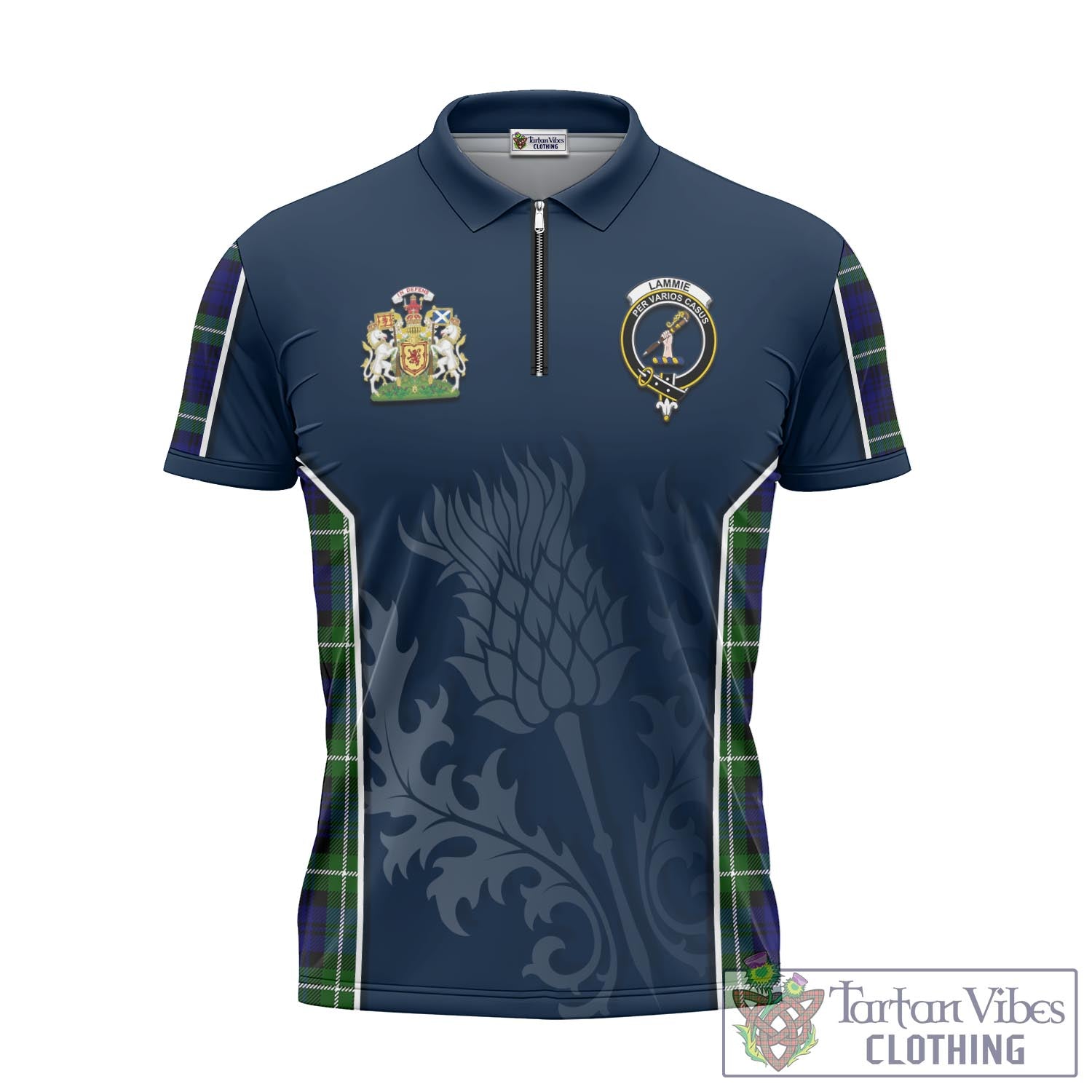 Tartan Vibes Clothing Lammie Tartan Zipper Polo Shirt with Family Crest and Scottish Thistle Vibes Sport Style