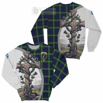Lammie Tartan Sweatshirt with Family Crest and St. Andrew's Cross Accented by Thistle Vines Unisex - Tartan Vibes Clothing