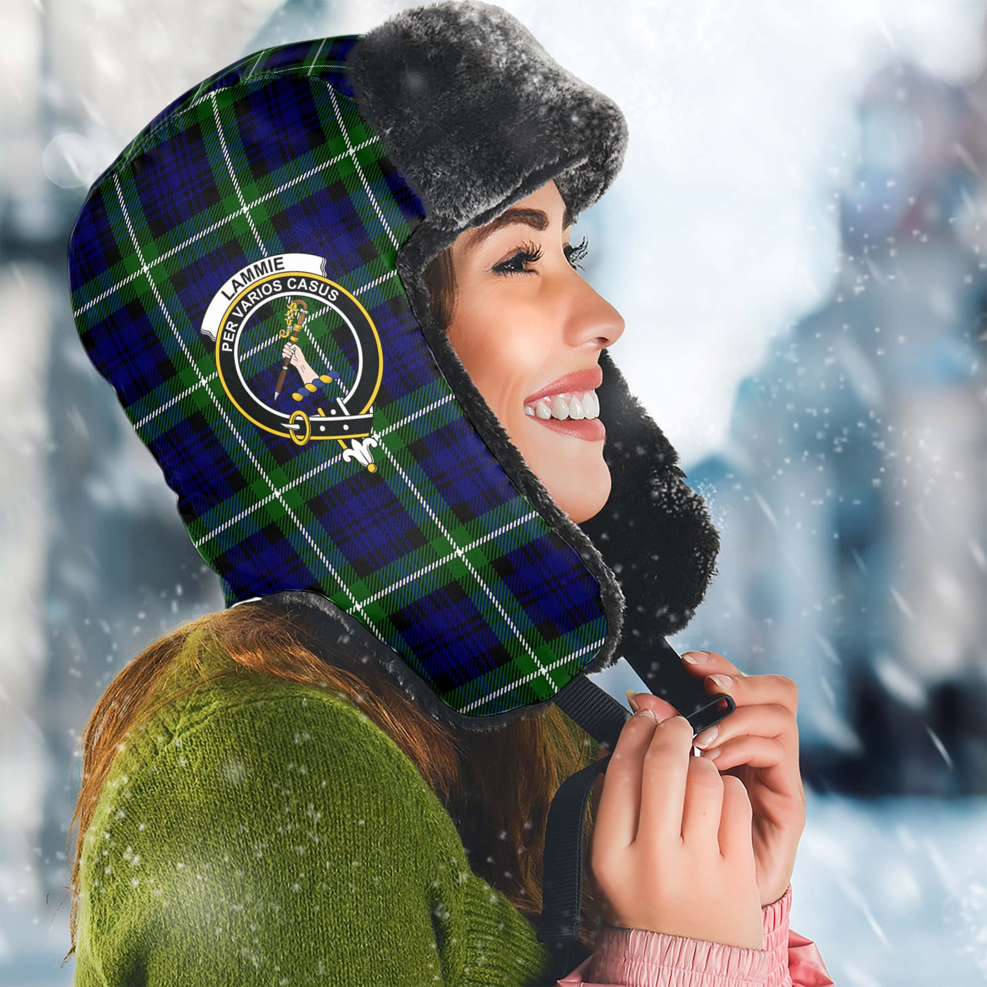 Lammie Tartan Winter Trapper Hat with Family Crest Winter Trapper Hat Universal Fit Circumference 22.8in (58cm) - Tartanvibesclothing