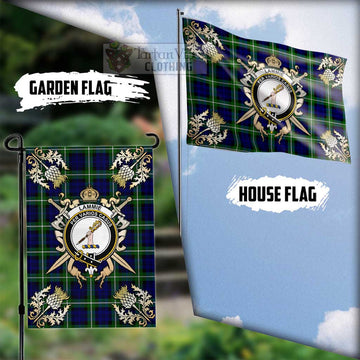 Lammie Tartan Flag with Family Crest and Golden Thistle Crossed Sword Design