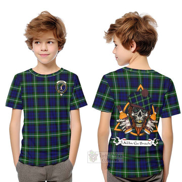 Lammie Tartan Kid T-Shirt with Family Crest and Bearded Skull Holding Bottles of Whiskey