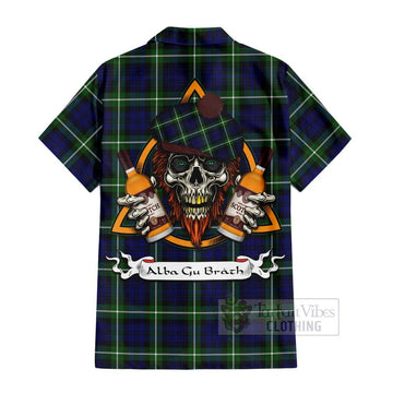 Lammie Tartan Hawaiian Shirt with Family Crest and Bearded Skull Holding Bottles of Whiskey - Tartan Vibes Clothing