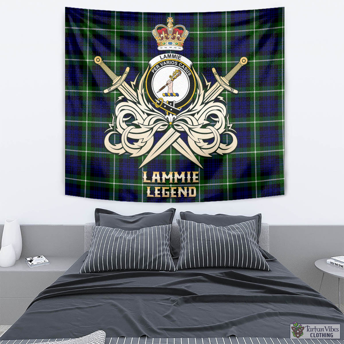 Tartan Vibes Clothing Lammie Tartan Tapestry with Clan Crest and the Golden Sword of Courageous Legacy