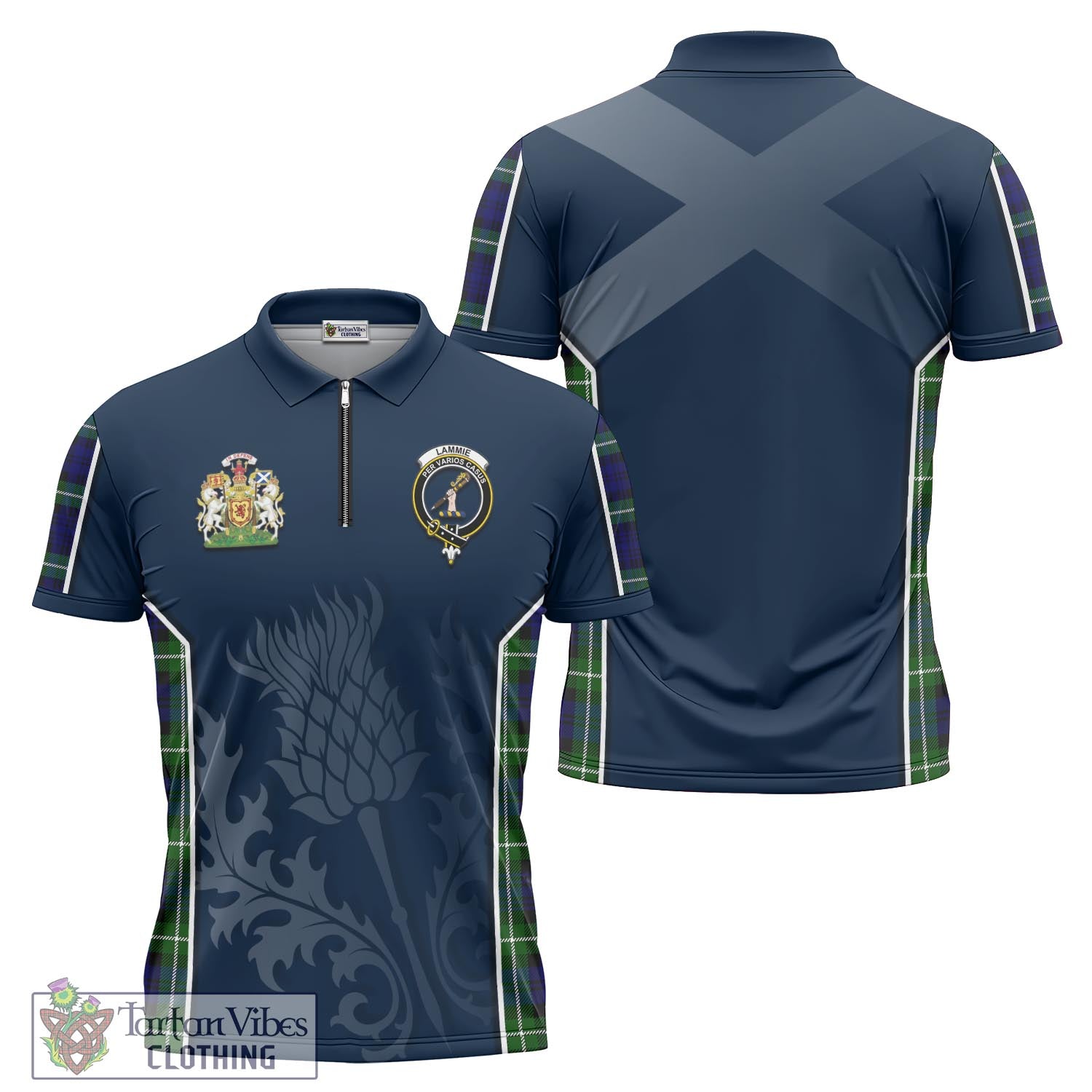 Tartan Vibes Clothing Lammie Tartan Zipper Polo Shirt with Family Crest and Scottish Thistle Vibes Sport Style