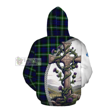 Lammie Tartan Cotton Hoodie with Family Crest and St. Andrew's Cross Accented by Thistle Vines Pullover Hoodie - Tartan Vibes Clothing