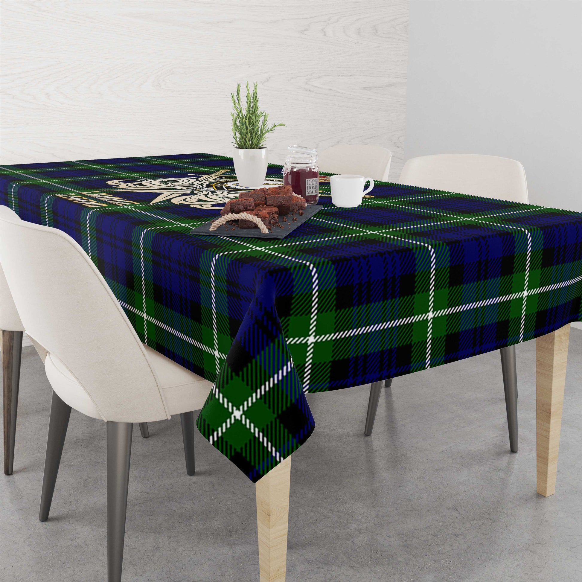 Tartan Vibes Clothing Lammie Tartan Tablecloth with Clan Crest and the Golden Sword of Courageous Legacy