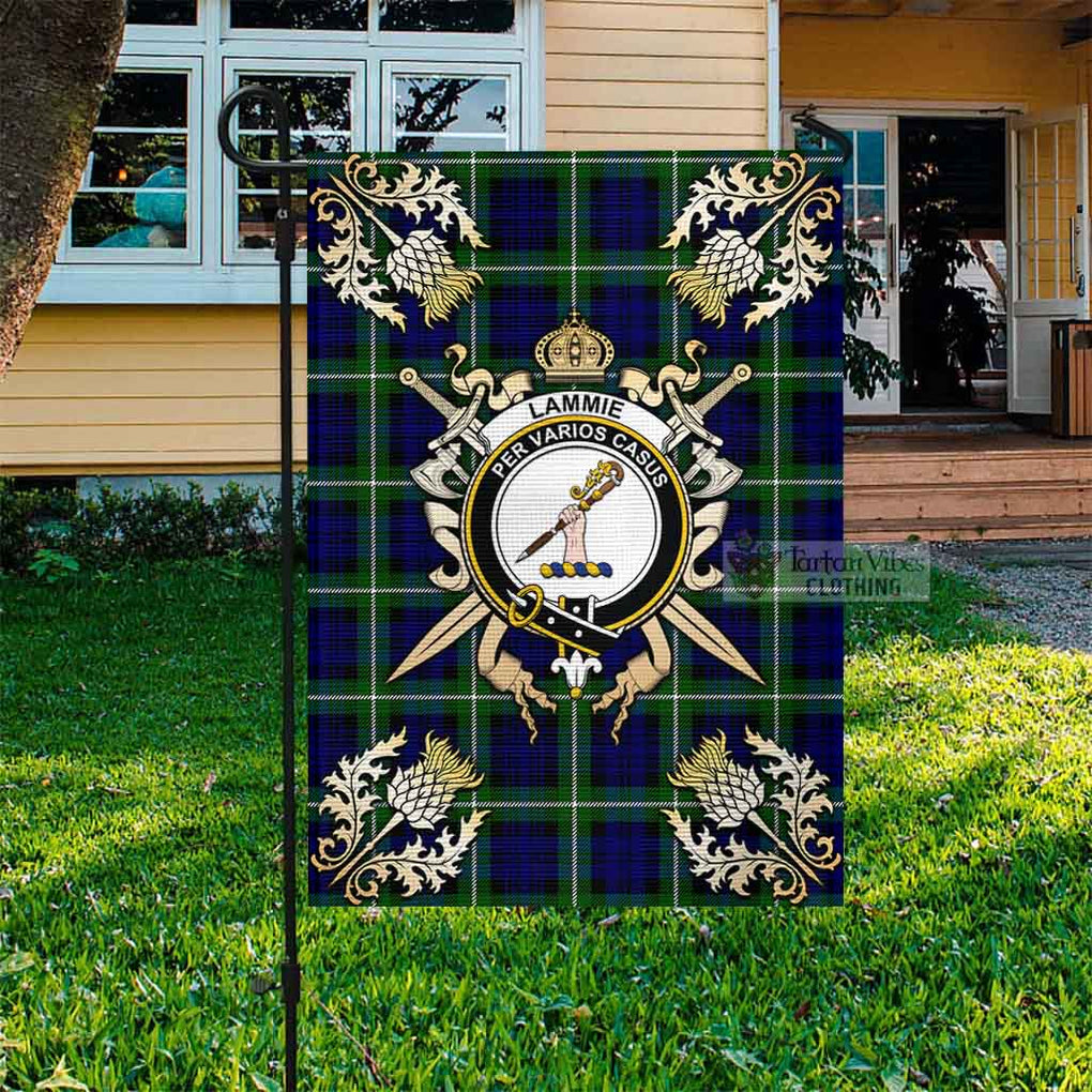 Tartan Vibes Clothing Lammie Tartan Flag with Family Crest and Golden Thistle Crossed Sword Design