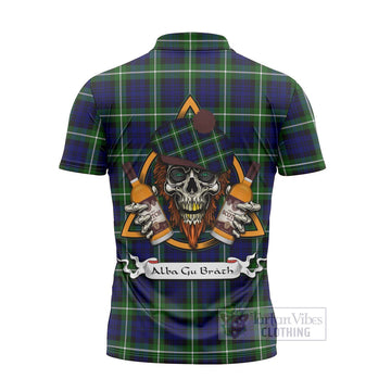 Lammie Tartan Zipper Polo Shirt with Family Crest and Bearded Skull Holding Bottles of Whiskey