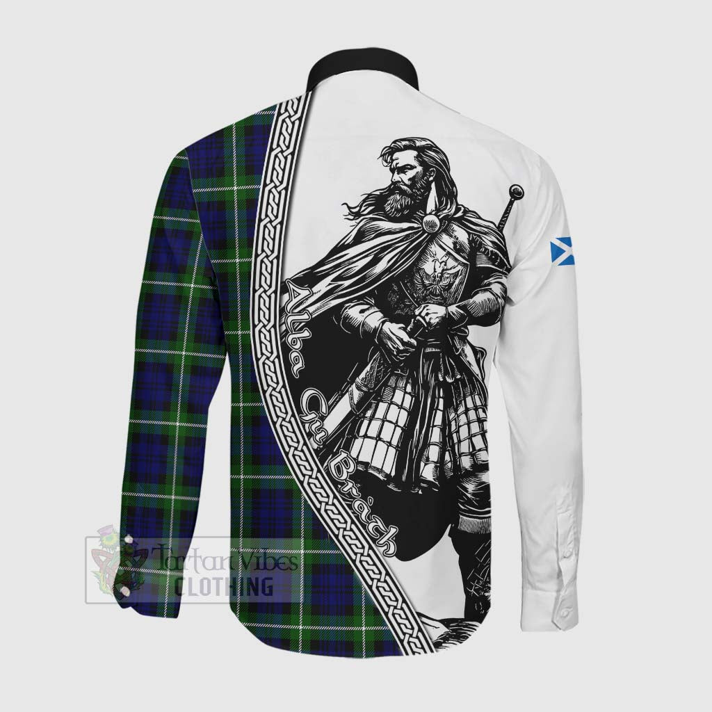 Lammie Tartan Clan Crest Long Sleeve Button Shirt with Highlander Warrior Celtic Style Men's Shirt - Tartan Vibes Clothing