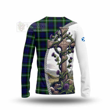 Lammie Tartan Long Sleeve T-Shirt with Family Crest and St. Andrew's Cross Accented by Thistle Vines - Tartan Vibes Clothing