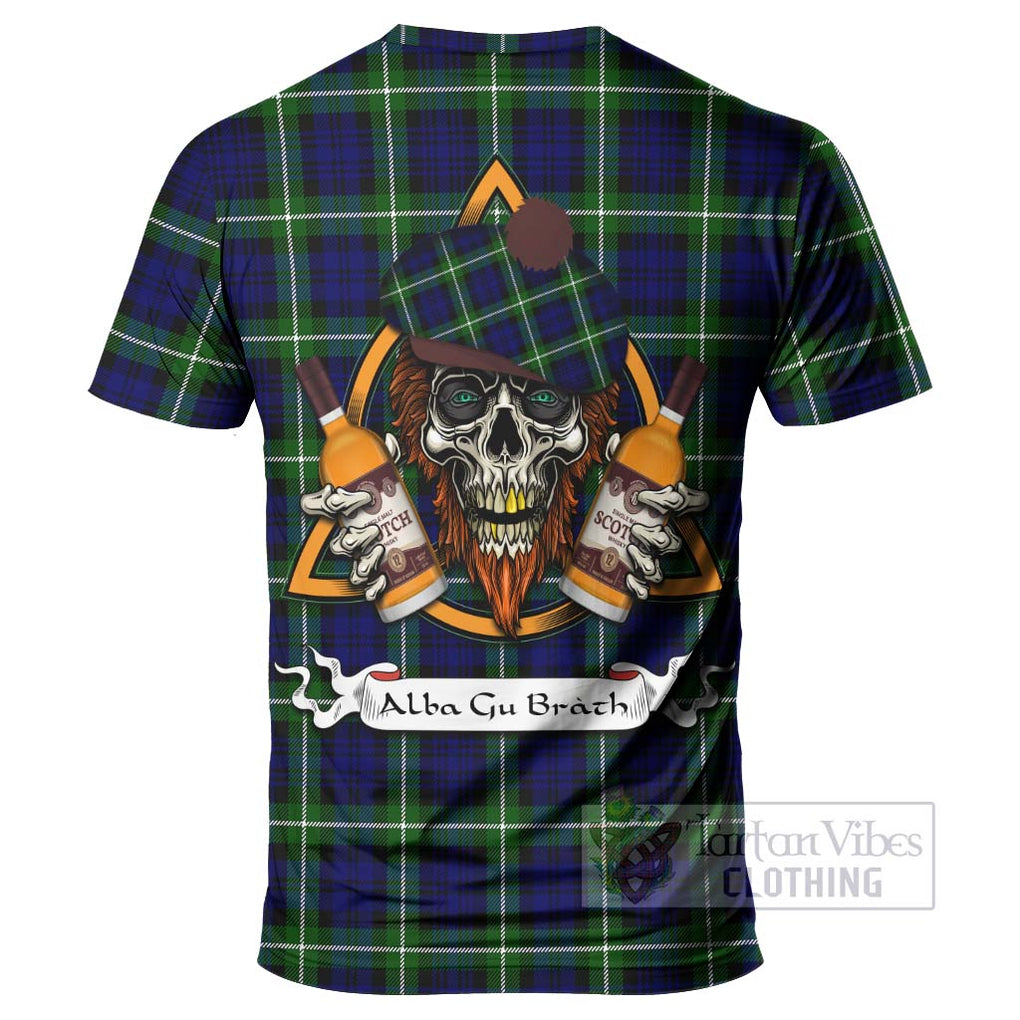 Tartan Vibes Clothing Lammie Tartan T-Shirt with Family Crest and Bearded Skull Holding Bottles of Whiskey