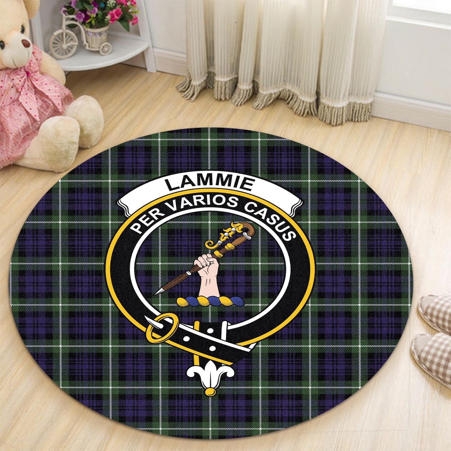 lammie-tartan-round-rug-with-family-crest