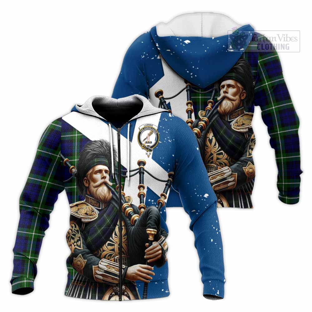 Tartan Vibes Clothing Lammie Tartan Knitted Hoodie with Family Crest Scottish Bagpiper Vibes