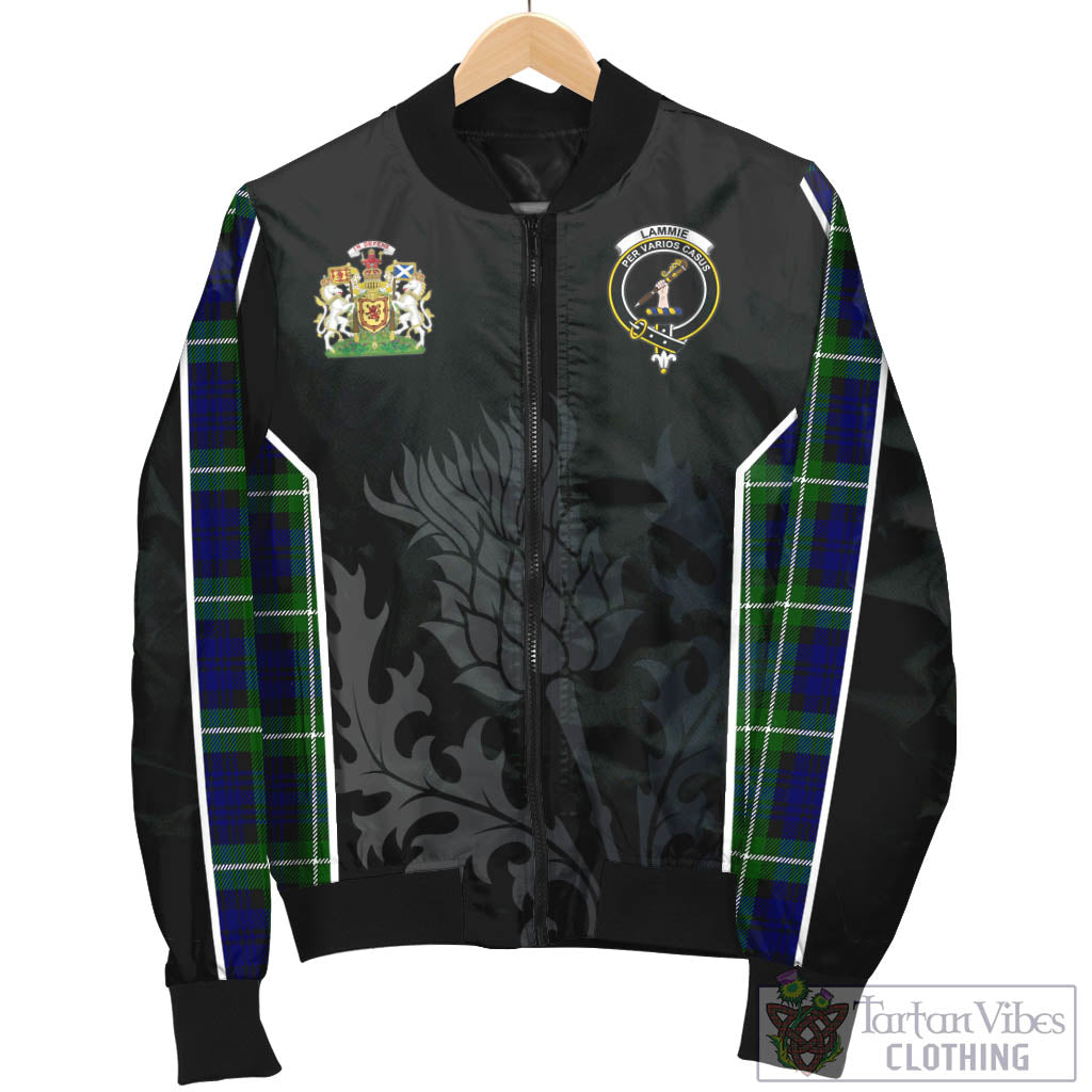 Tartan Vibes Clothing Lammie Tartan Bomber Jacket with Family Crest and Scottish Thistle Vibes Sport Style