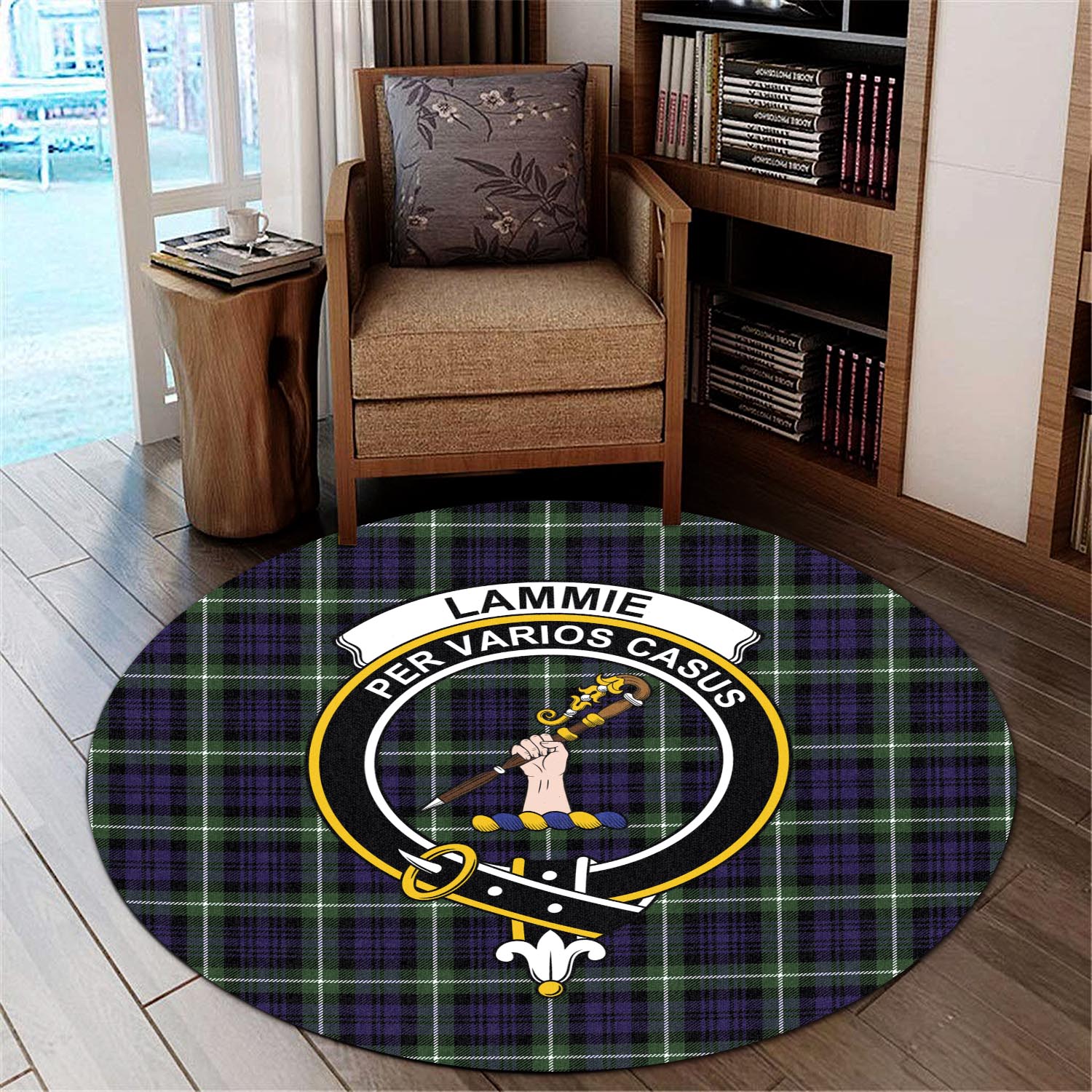 lammie-tartan-round-rug-with-family-crest