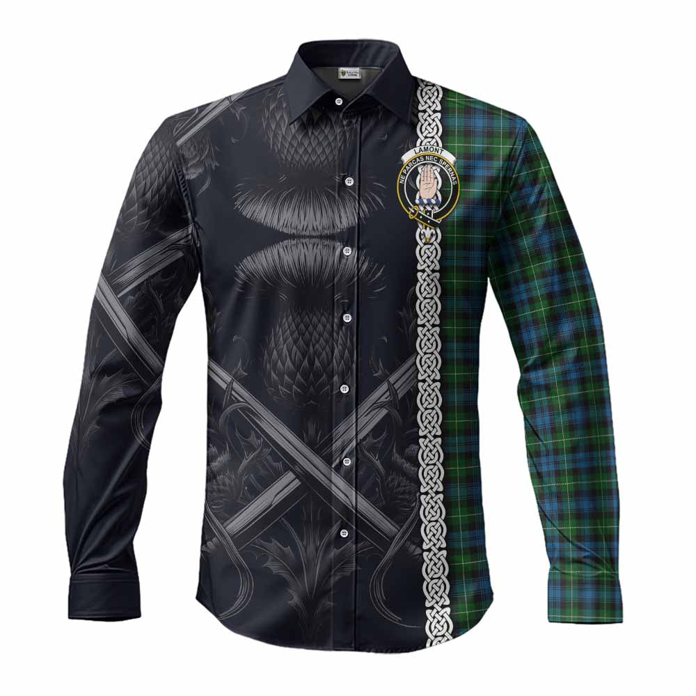 Tartan Vibes Clothing Lamont Tartan Long Sleeve Button Shirt with Family Crest Cross Sword Thistle Celtic Vibes