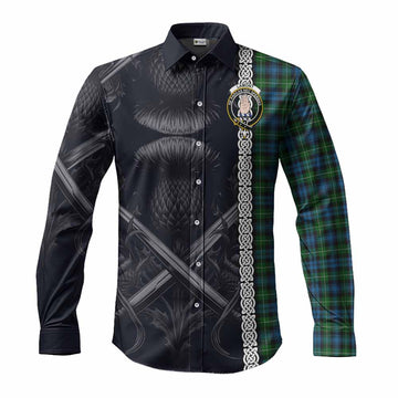 Lamont Tartan Long Sleeve Button Shirt with Family Crest Cross Sword Thistle Celtic Vibes