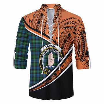 Lamont Crest Tartan Ghillie Kilt Shirt with Polynesian Vibes Style - Orange Version