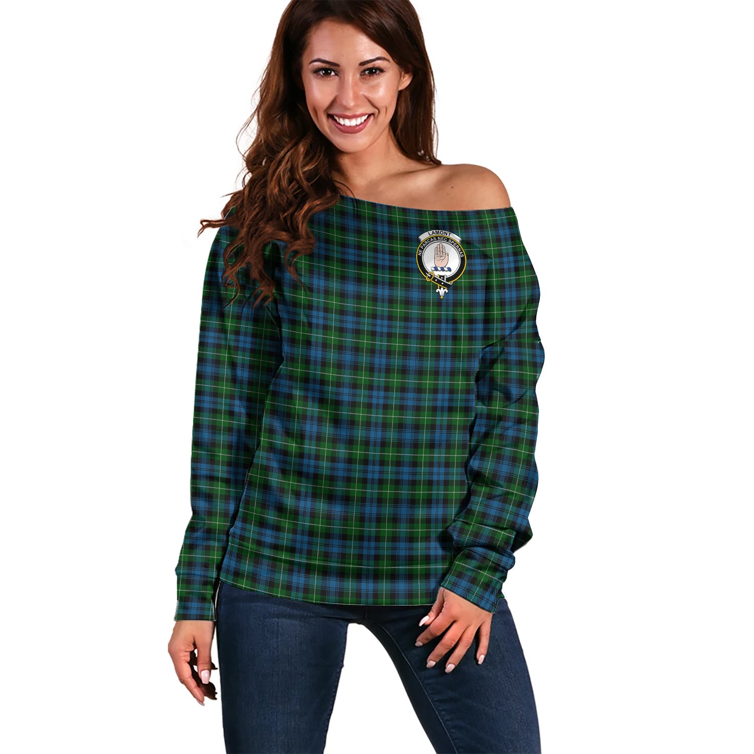 Lamont Tartan Off Shoulder Women Sweater with Family Crest Women - Tartanvibesclothing