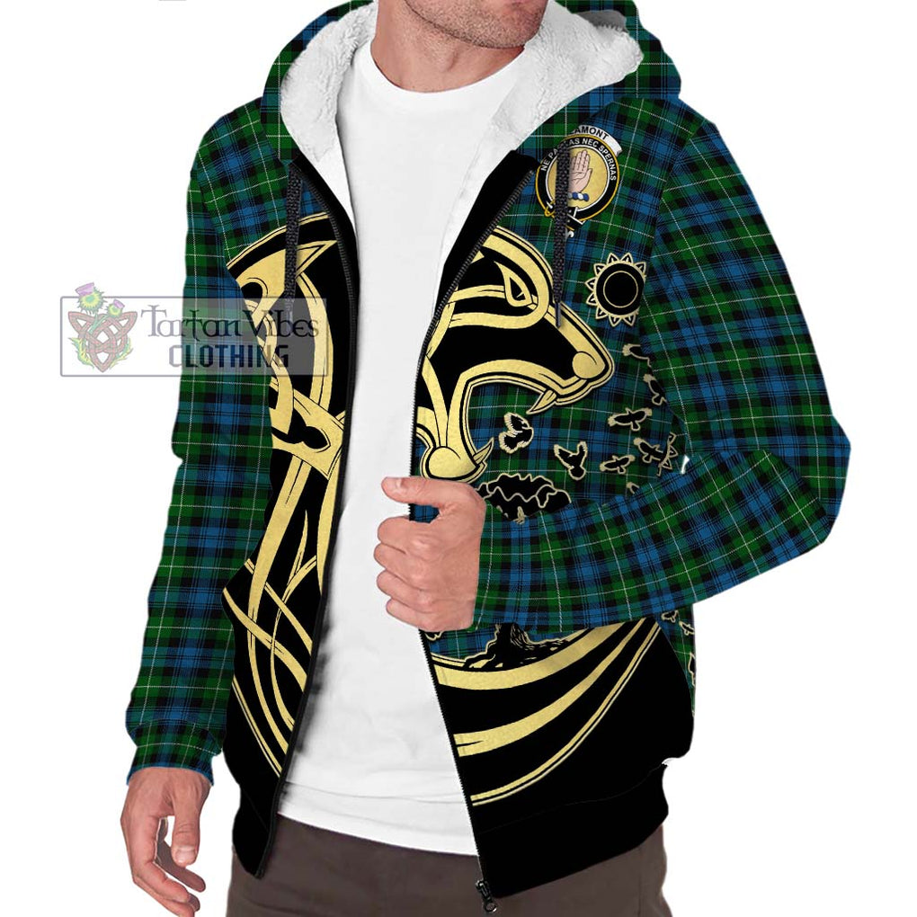 Lamont Tartan Sherpa Hoodie with Family Crest Celtic Wolf Style Unisex S - Tartan Vibes Clothing