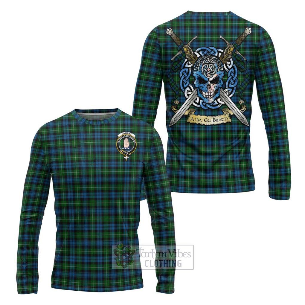 Tartan Vibes Clothing Lamont Tartan Long Sleeve T-Shirt with Family Crest Celtic Skull Style