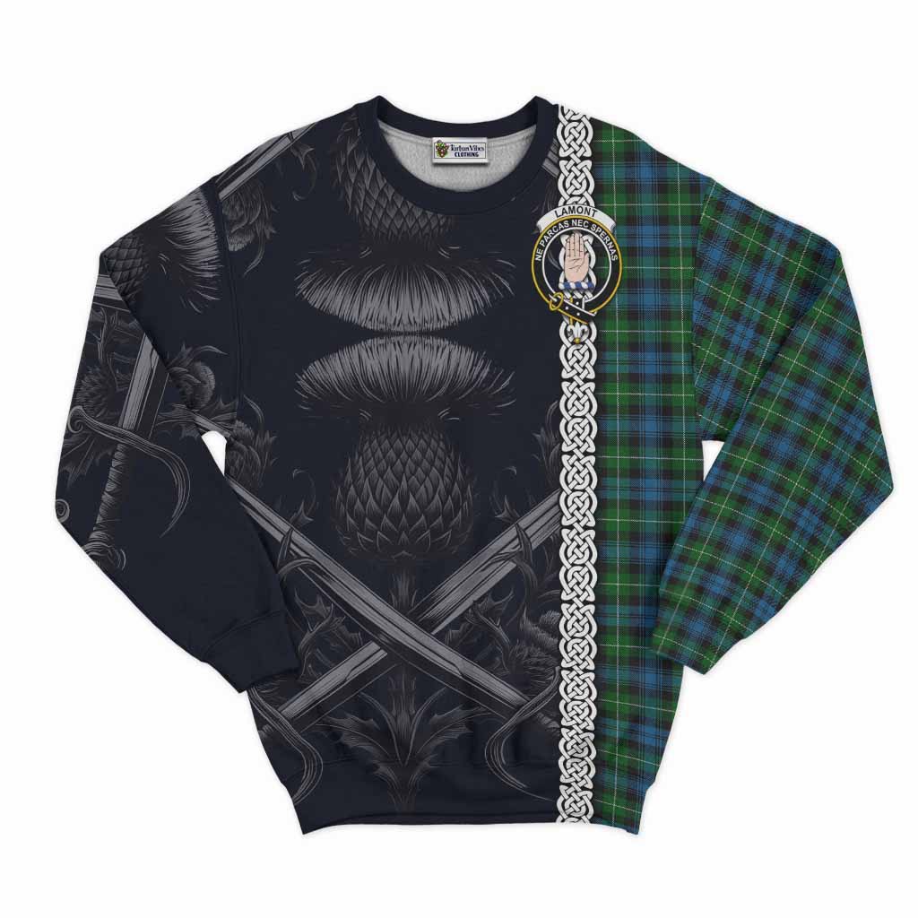 Tartan Vibes Clothing Lamont Tartan Sweatshirt with Family Crest Cross Sword Thistle Celtic Vibes