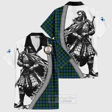 Lamont Tartan Clan Crest Short Sleeve Button Shirt with Highlander Warrior Celtic Style