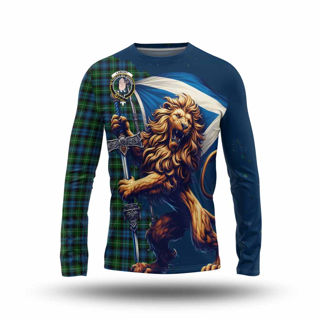 Tartan Vibes Clothing Lamont Tartan Family Crest Long Sleeve T-Shirt with Scottish Majestic Lion