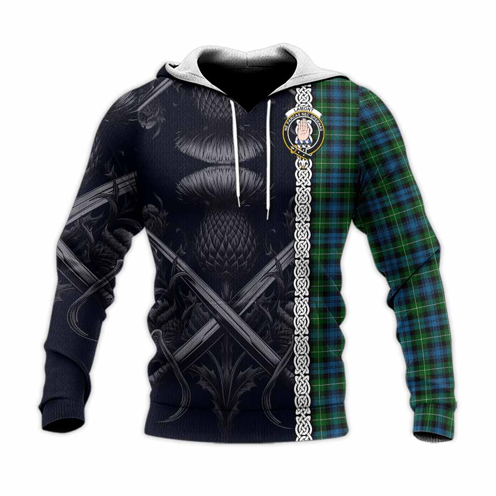 Tartan Vibes Clothing Lamont Tartan Knitted Hoodie with Family Crest Cross Sword Thistle Celtic Vibes