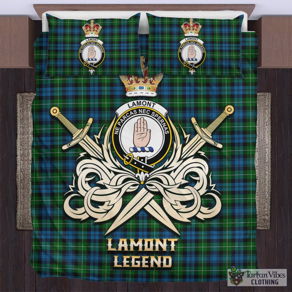 Tartan Vibes Clothing Lamont Tartan Bedding Set with Clan Crest and the Golden Sword of Courageous Legacy