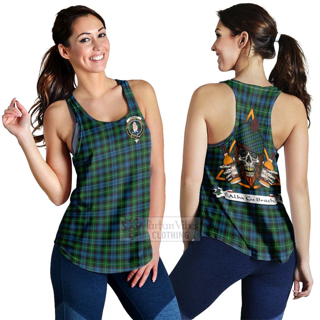 Tartan Vibes Clothing Lamont Tartan Women's Racerback Tanks with Family Crest and Bearded Skull Holding Bottles of Whiskey