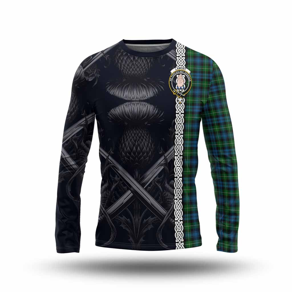 Lamont Tartan Long Sleeve T-Shirt with Family Crest Cross Sword Thistle Celtic Vibes Unisex - Tartan Vibes Clothing
