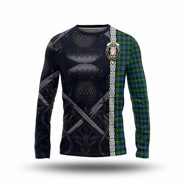 Lamont Tartan Long Sleeve T-Shirt with Family Crest Cross Sword Thistle Celtic Vibes