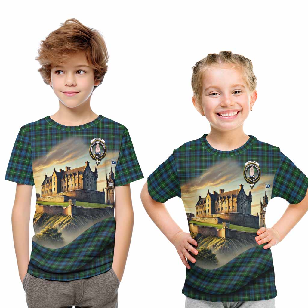 Lamont Tartan Family Crest Kid T-Shirt with Scottish Ancient Castle Style Youth XL Size14 - Tartan Vibes Clothing