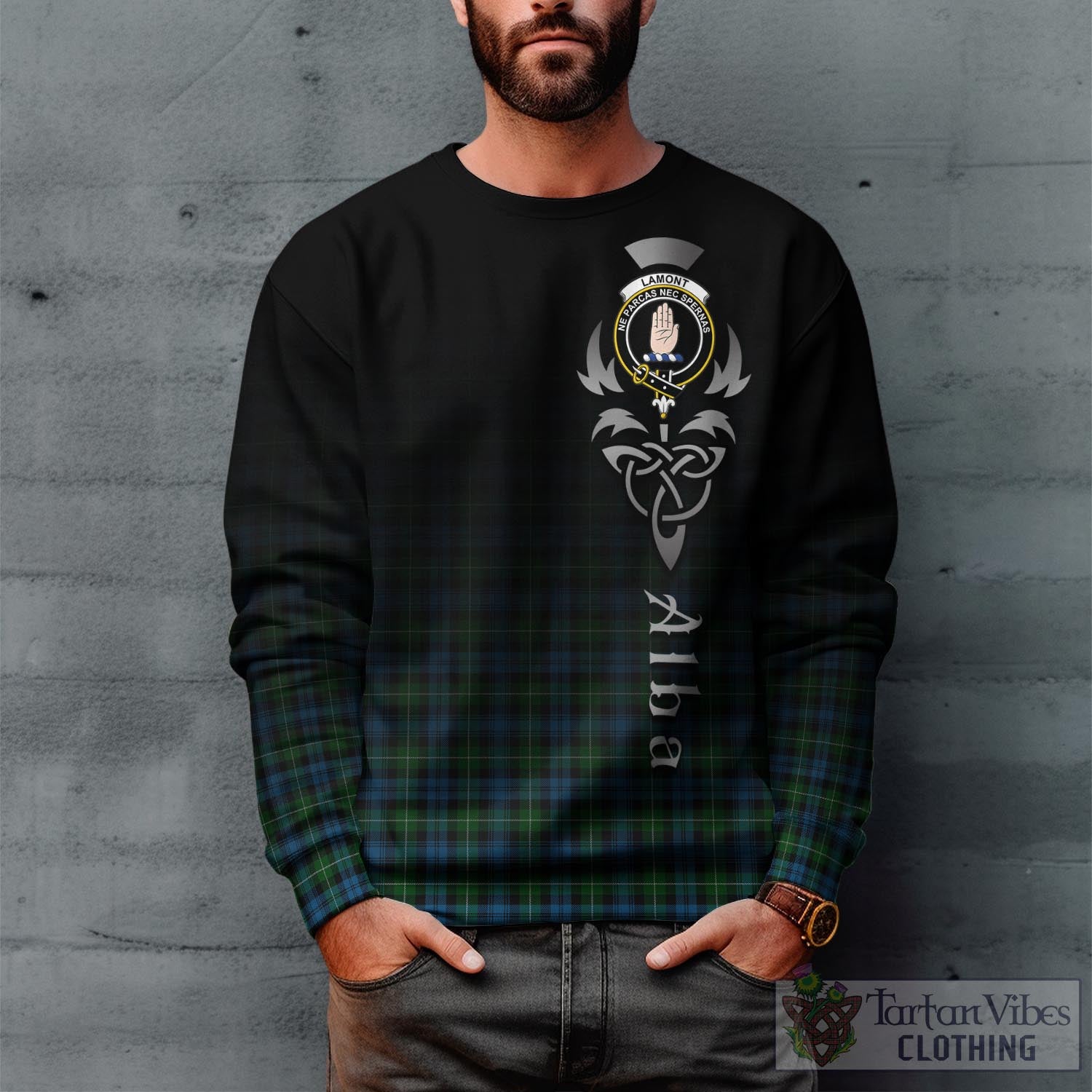 Tartan Vibes Clothing Lamont Tartan Sweatshirt Featuring Alba Gu Brath Family Crest Celtic Inspired