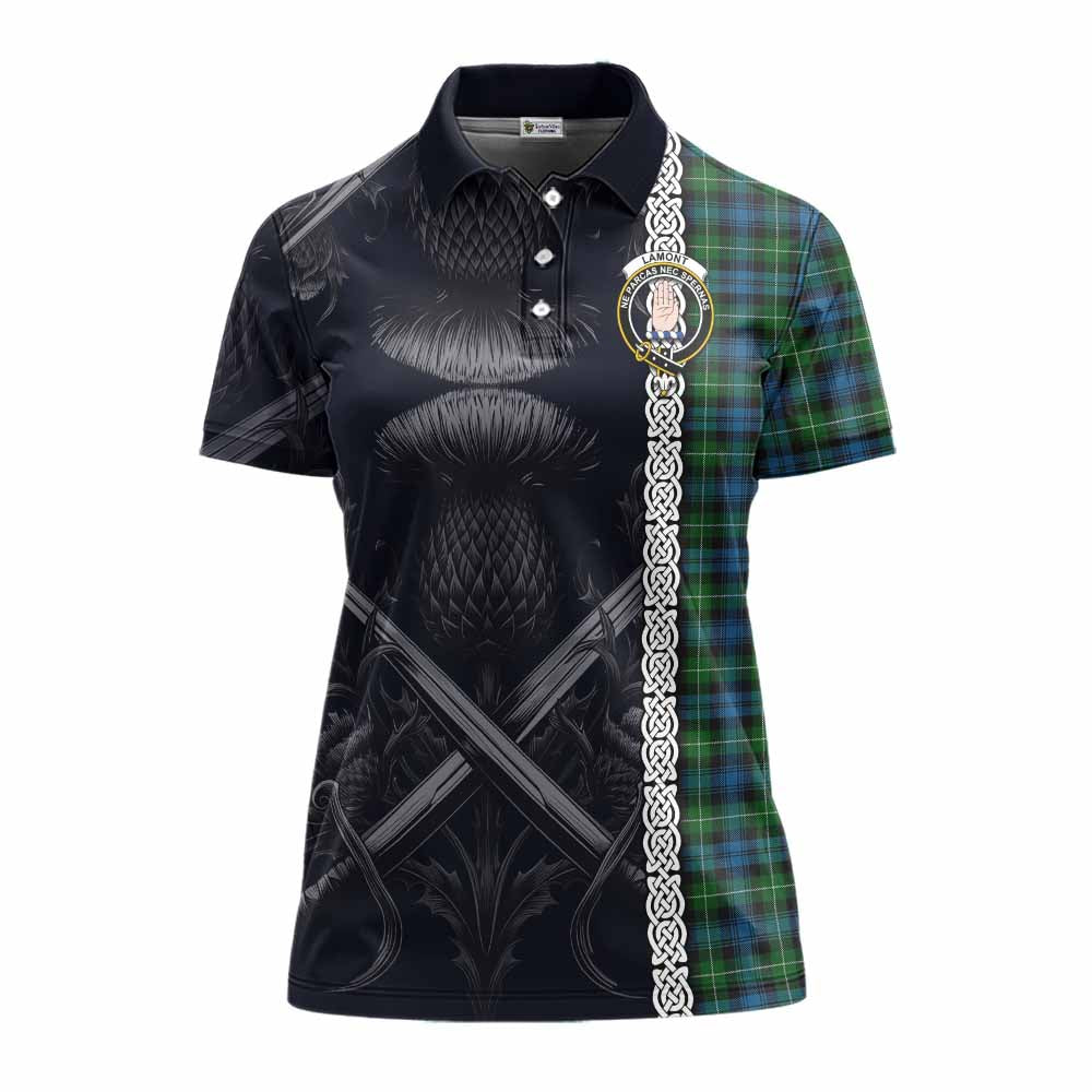 Tartan Vibes Clothing Lamont Tartan Women's Polo Shirt with Family Crest Cross Sword Thistle Celtic Vibes