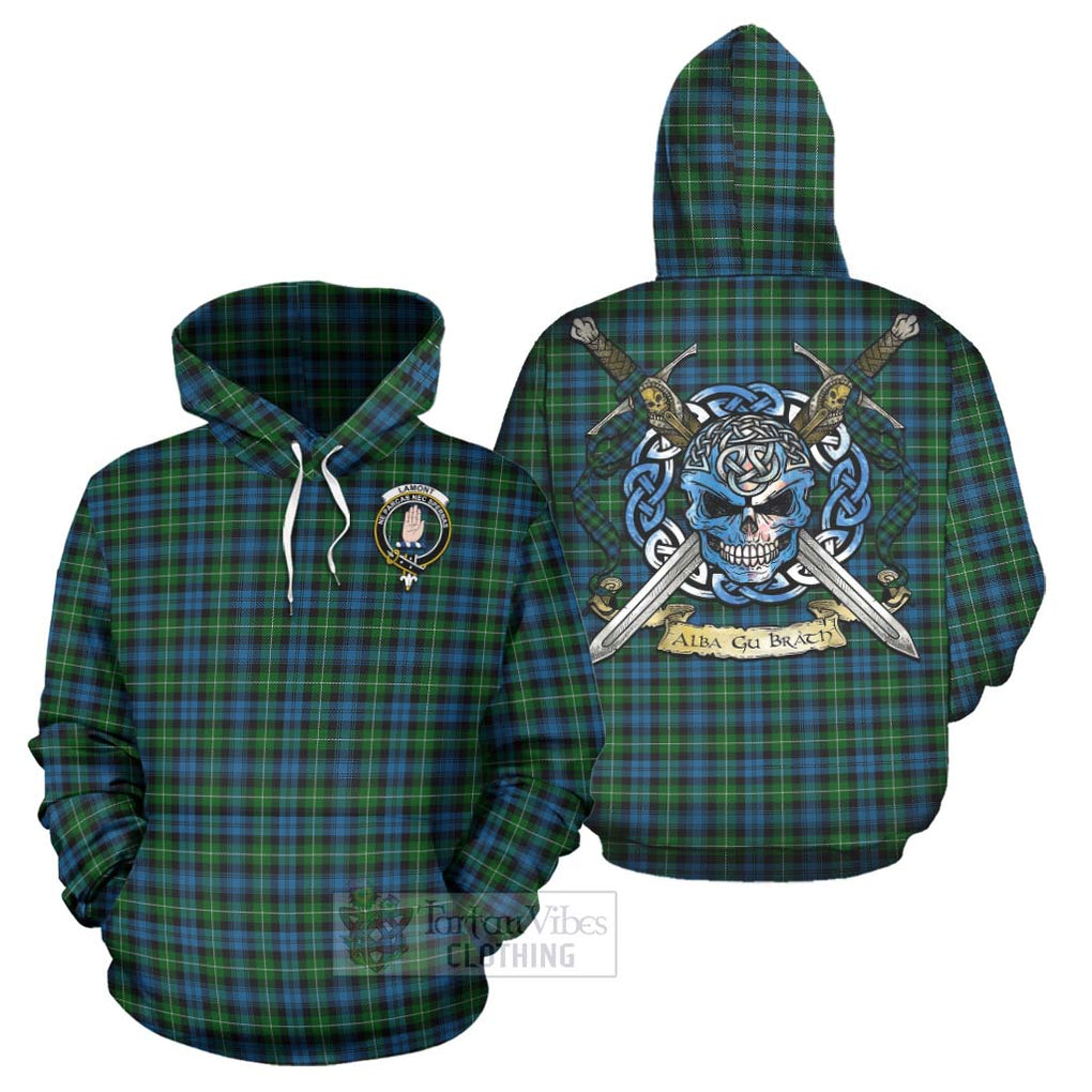 Tartan Vibes Clothing Lamont Tartan Hoodie with Family Crest Celtic Skull Style