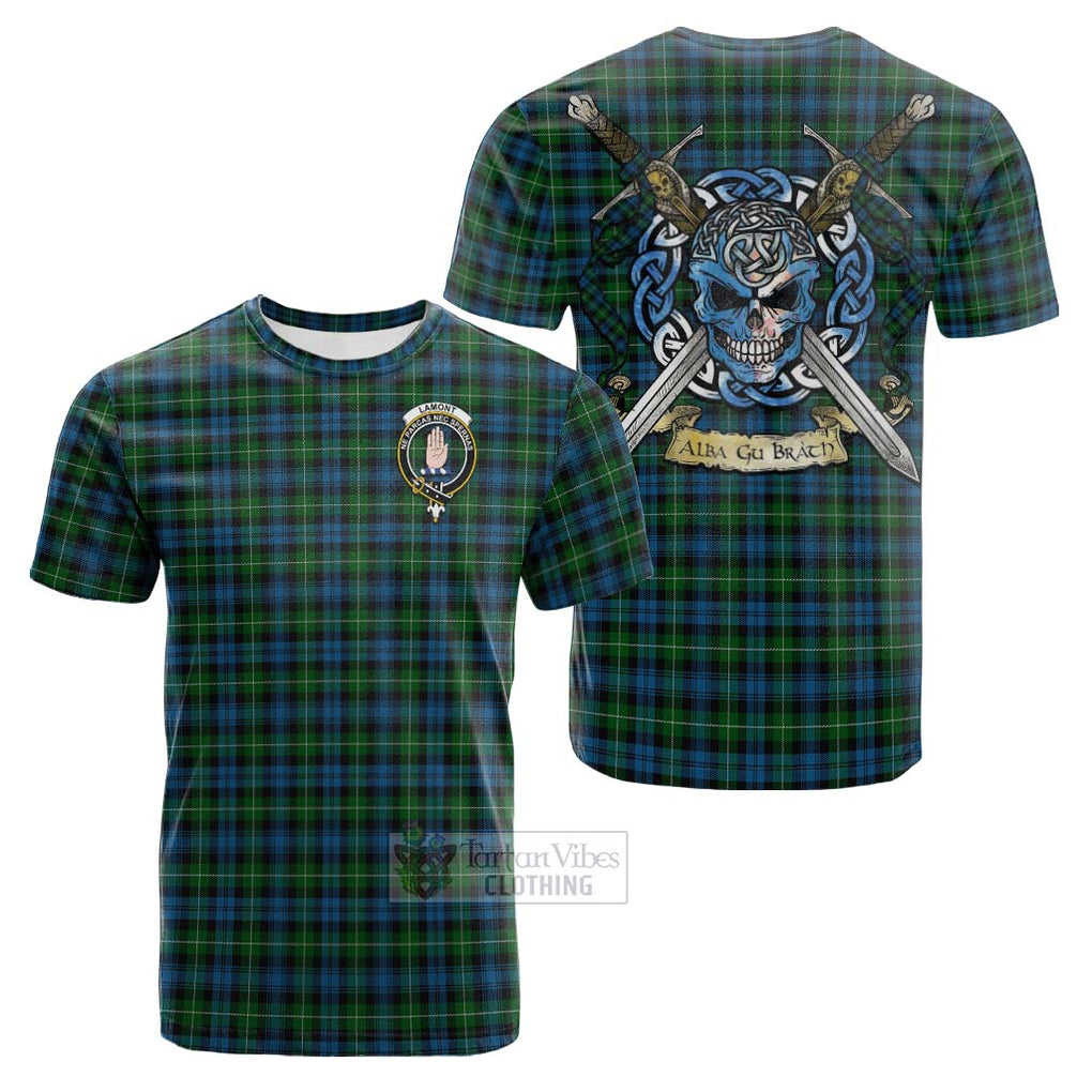 Tartan Vibes Clothing Lamont Tartan Cotton T-shirt with Family Crest Celtic Skull Style