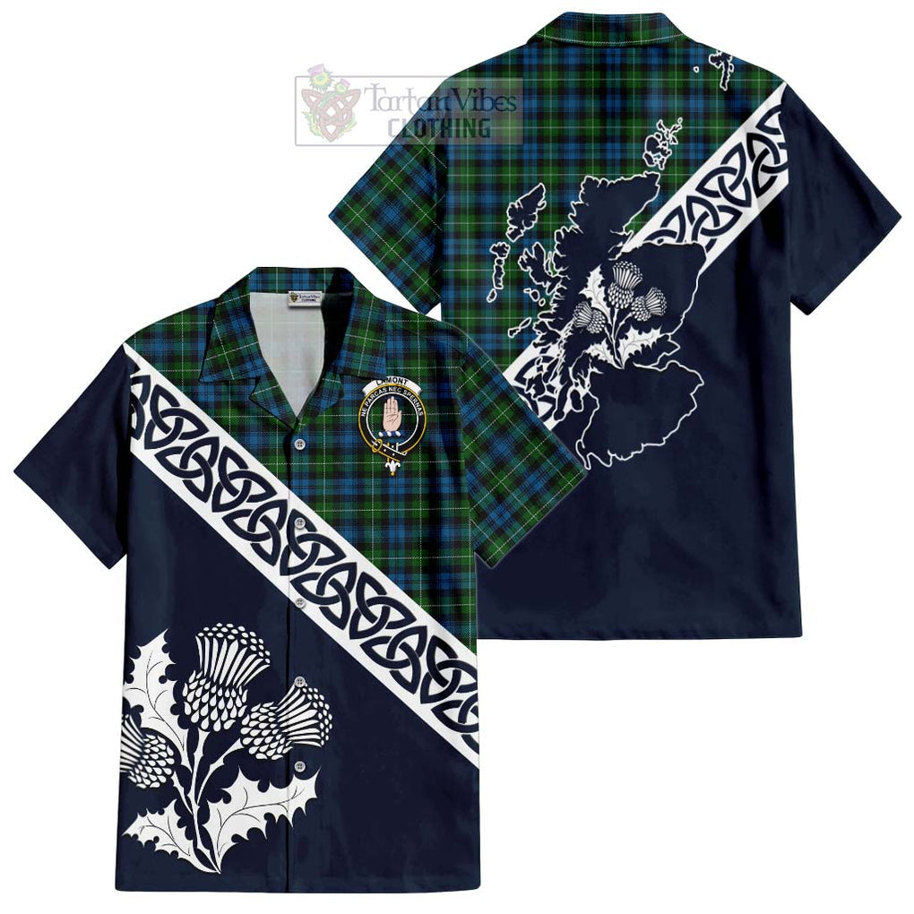 Tartan Vibes Clothing Lamont Tartan Short Sleeve Button Shirt Featuring Thistle and Scotland Map