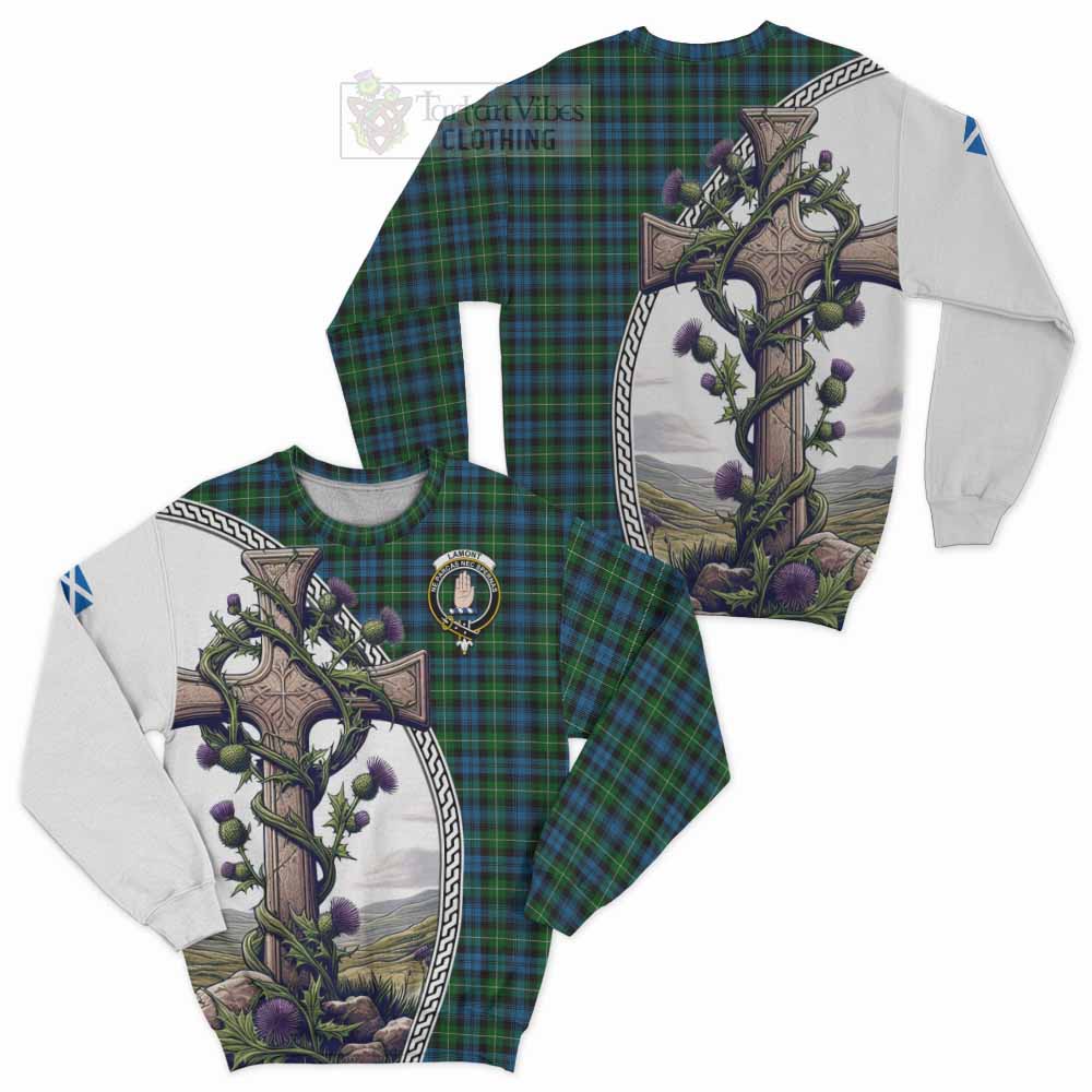 Tartan Vibes Clothing Lamont Tartan Sweatshirt with Family Crest and St. Andrew's Cross Accented by Thistle Vines