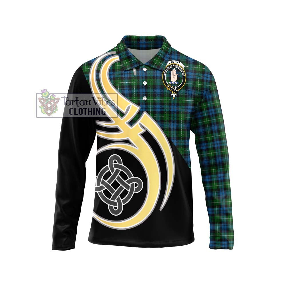 Lamont Tartan Long Sleeve Polo Shirt with Family Crest and Celtic Symbol Style Unisex - Tartan Vibes Clothing