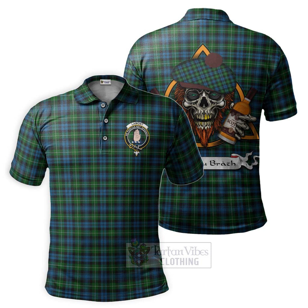 Tartan Vibes Clothing Lamont Tartan Polo Shirt with Family Crest and Bearded Skull Holding Bottles of Whiskey