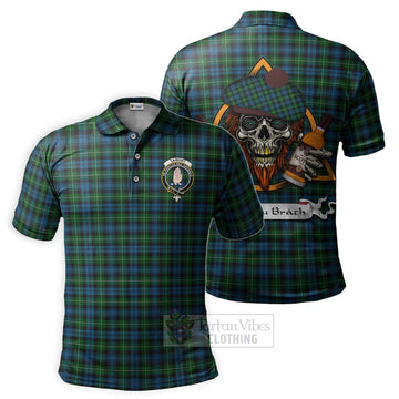 Lamont Tartan Polo Shirt with Family Crest and Bearded Skull Holding Bottles of Whiskey