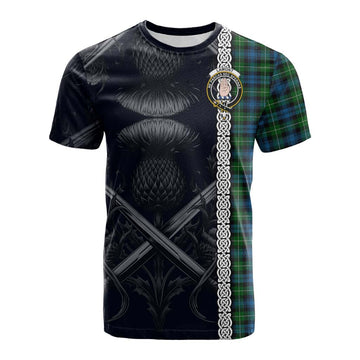 Lamont Tartan Cotton T-shirt with Family Crest Cross Sword Thistle Celtic Vibes